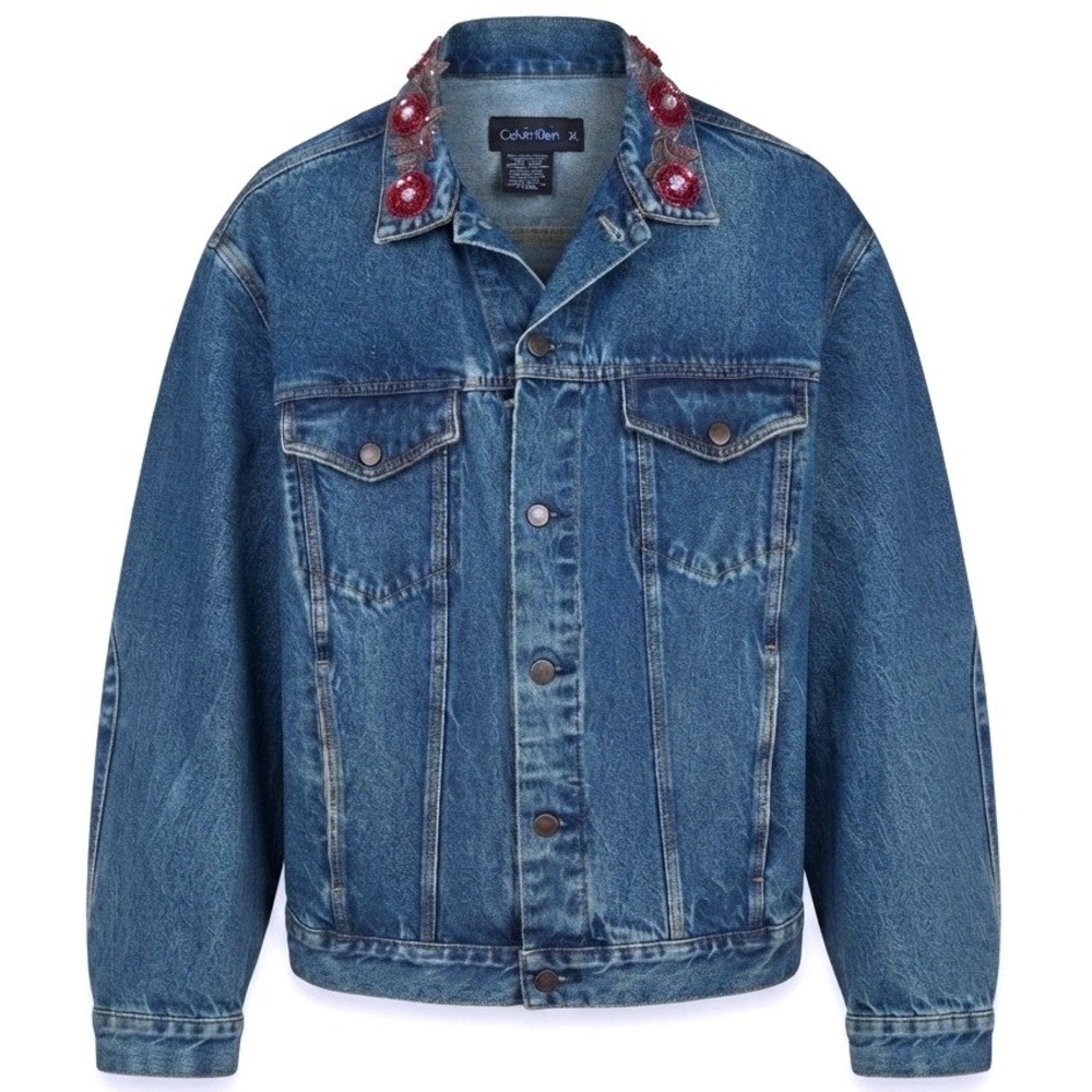 Calvin Klein Vintage Beaded Floral Denim Jacket Blue Medium Wash XL Trucker